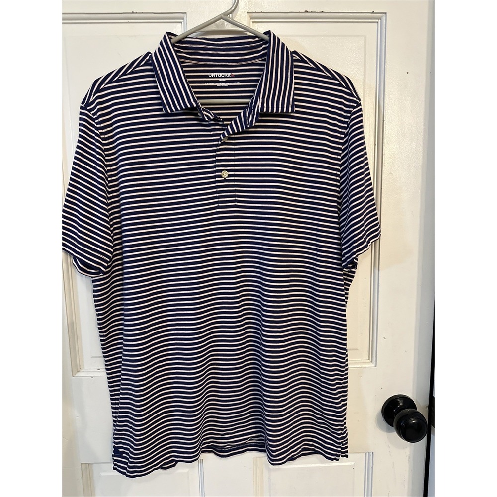UnTuckit Mens Fernandez Polo Navy Short Sleeve Stripe Supima Cotton Peru Sz Lg
